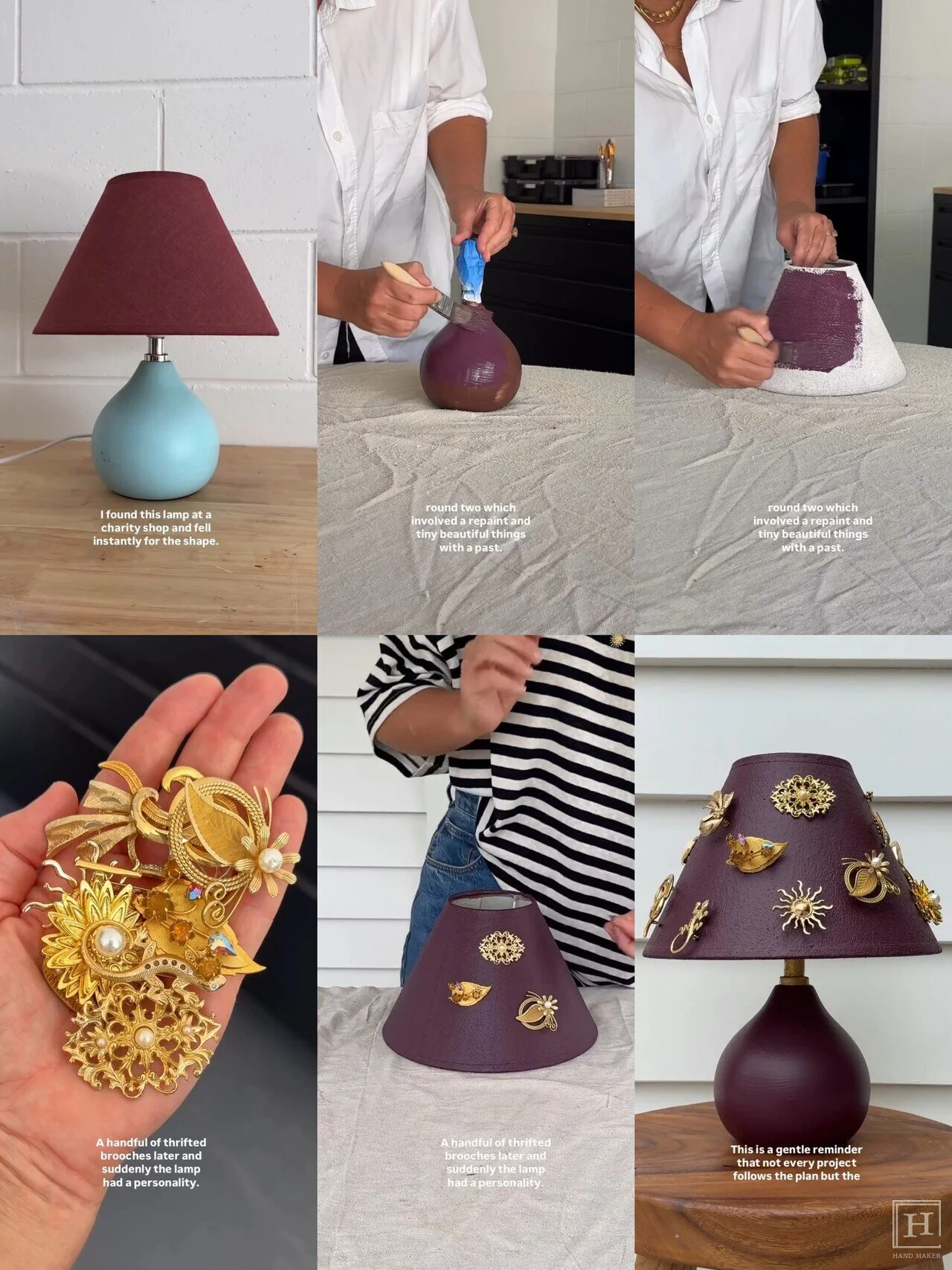호주 DIY·인테리어 콘텐츠 크리에이터 자한 퀸이 오래된 전등에 브로치를 달아 리폼한 모습 / 자한 퀸 인스타그램