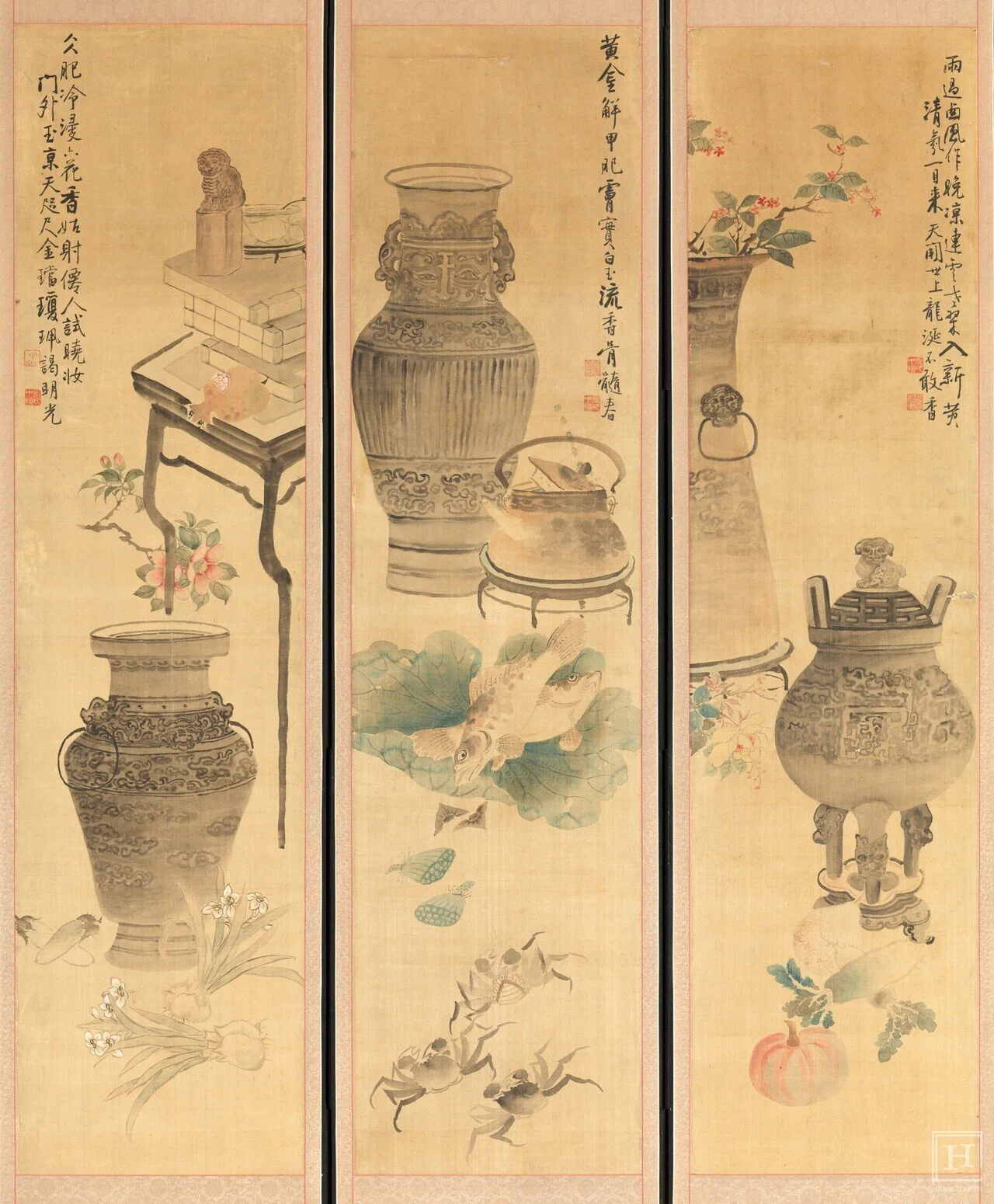 朝鲜末期画家安中植的〈器皿折枝图屏风〉中，第6幅绘有琥珀 / 韩国国立古宫博物馆