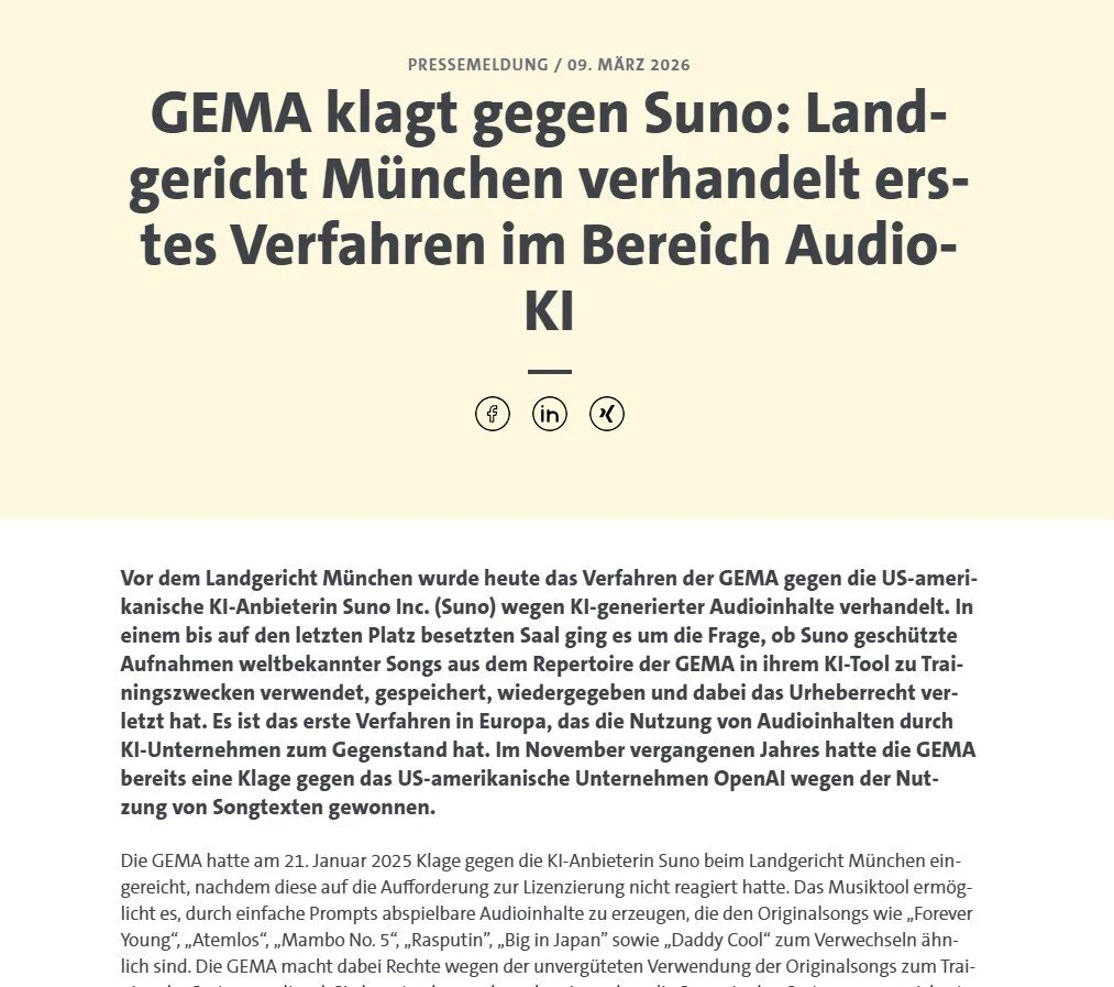 Details regarding the lawsuit filed against the AI music generation company Suno / Screenshot of…